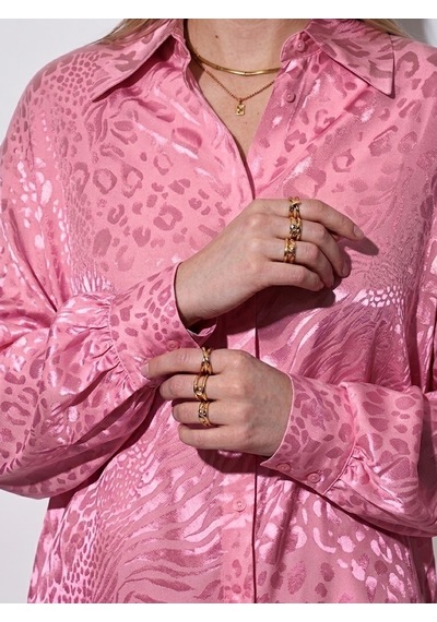 Pera Moda Jakarlı Oversize Uzun Şık Kadın Gömlek Pembe