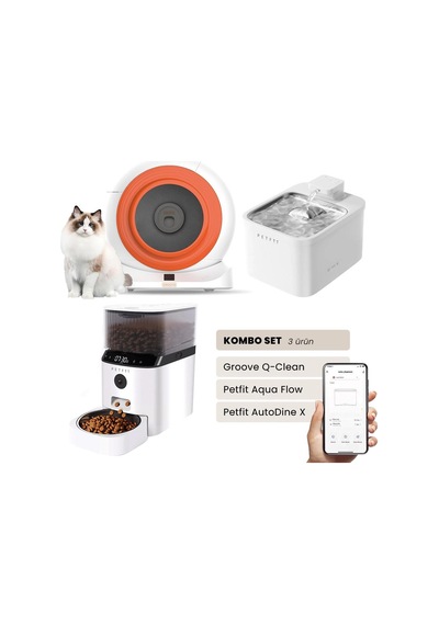 Groove Q-clean Akıllı Otomatik Kedi Tuvaleti Turuncu - Petfit Aqua Flow Akıllı Bataryalı Su Pınarı Çeşmesi + Petfit Autodine X Akıllı Otomatik Mama Kabı Bundle