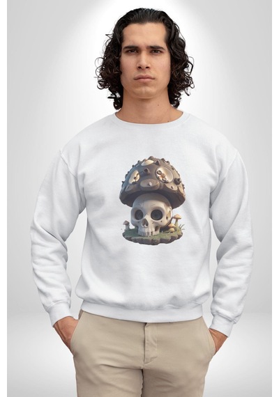 Kurukafa Mantar Ev Unisex Beyaz Baskılı Sweatshirt Beyaz