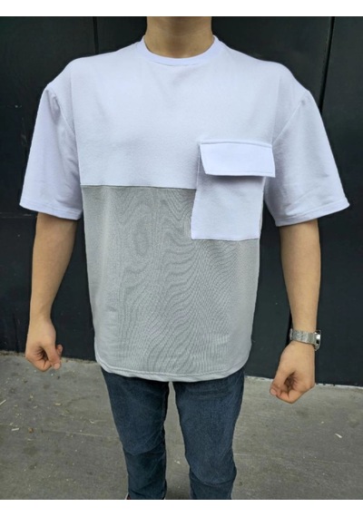 Erkek Kısa Kol Yazlık Tişört Torba Cepli Parçalı T-shirt - Gri