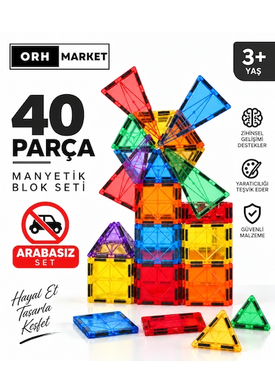 Orh Market 40 Parça Büyük Boy 7.5cm Manyetik Blok Seti Güçlü Mıknatıslı Zeka Geliştirici Oyuncak