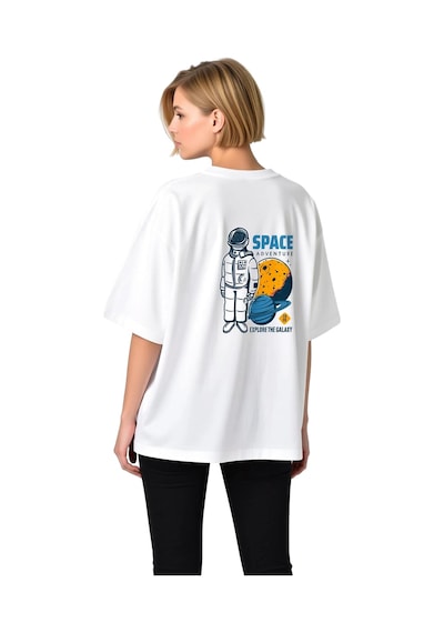 Paybuy Kadın Oversize Grafik Baskılı Tişört Uzay Teması Retro Astronot G Beyaz