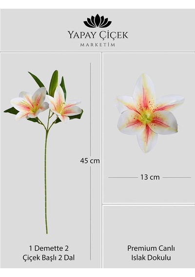Somon Yapay Zambak Çiçeği Dallı Premium Canlı Islak Dokulu 45 Cm