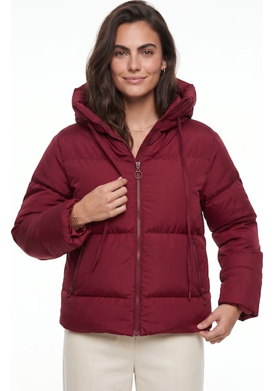 Onloox Kadın Koyu Bordo Koyu Bordo Pamuklu Likralı Esnek Kumaş Kapüşonlu Fermuarlı Elyaf Dolgulu Şişme Mont Hoodie