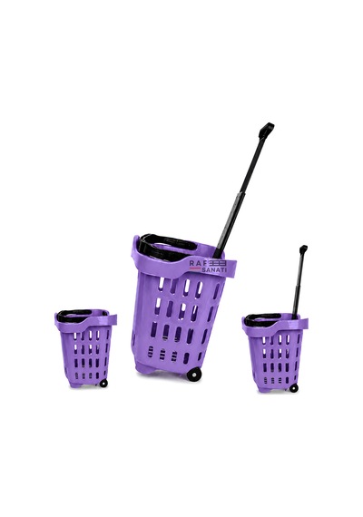 5 Adet - 43 Lt Tekerlekli Market Sepeti Plastik Alışveriş Sepeti Ergonomik Çift Saplı Mor