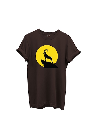 Dağ Keçisi Siluet Baskılı %100 Pamuk Regular Fit Bisiklet Yaka Unisex T-shirt Acı Kahverengi