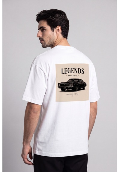 Black Nova Oversize Baskılı Unisex Tişört Legend Car Beyaz