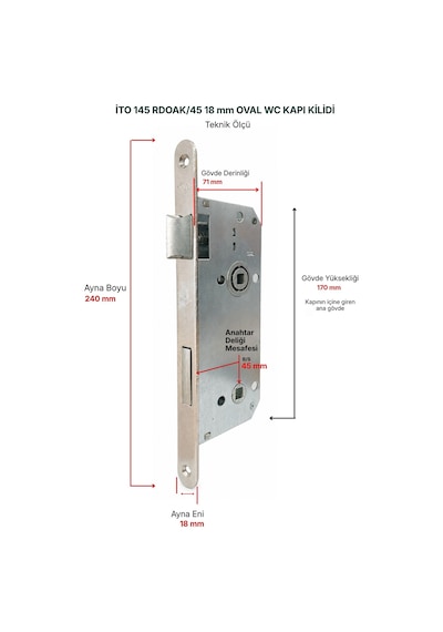 İto Kilit 145 Rdoak/45 Rulmanlı Oval Wc Banyo Kapısı Kilidi - 18 Mm Dar Ayna