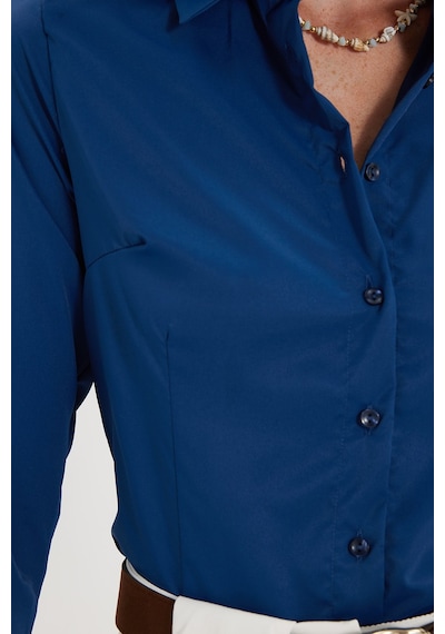 Tudors Kadın Slim Fit Dar Kesim Pensli Vücuda Oturan Klasik Yaka Uzun Kollu Likralı Lacivert Gömlek-40362