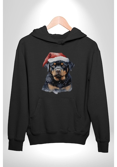 Yeni Yıl Noel Rottweiler Kadın Erkek Siyah Kapüşonlu Sweatshirt Hoodie Siyah