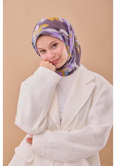 Silk Home Olinda İpek Eşarp 47003-11 Füme, Yanık Sarı, Lila, Çelik Mavi