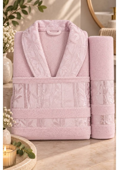 Tek Kişilik Bornoz Seti Unisex %100 Pamuk 3 Parça Açık Pembe