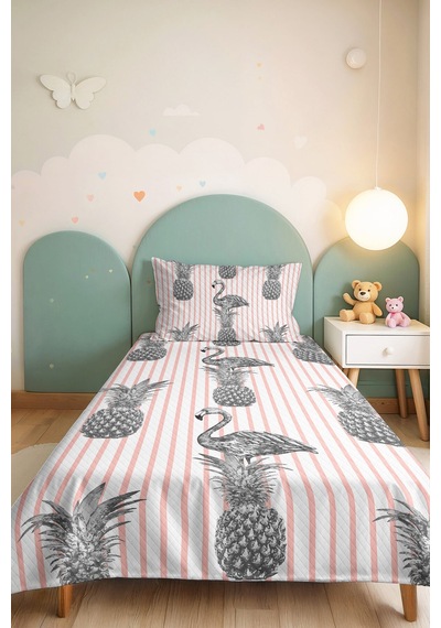 Flamingo Ananas Çizgili Pembe Genç Odası Tek Kişilik Pike Takımı-gri Tropikal Yatak Örtüsü 160x220cm Bulanık Koru Kıyımı
