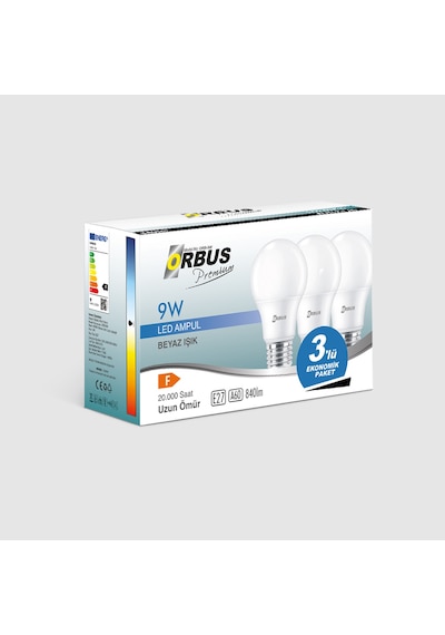 Orbus Premium Led Ampul 9w 3lü Paket Beyaz Işık E27 840lm