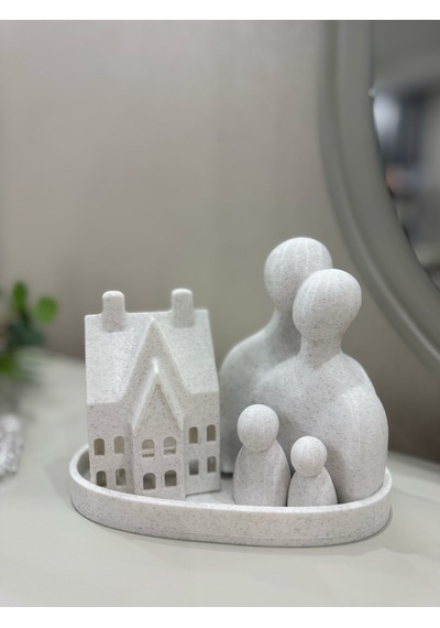 Aile Figürlü Ev Mumluk Seti Mermer Beyaz Dekoratif Tealight Gece Lambası 20 Cm Mermer Desenli