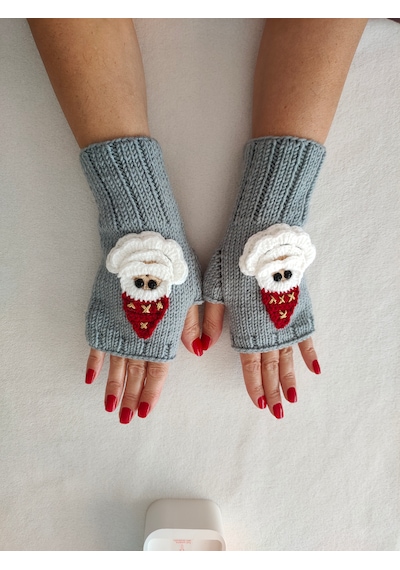 Newdaycraft El Örgüsü Motifli Parmaksız Eldiven / Bileklik - Gri Noel