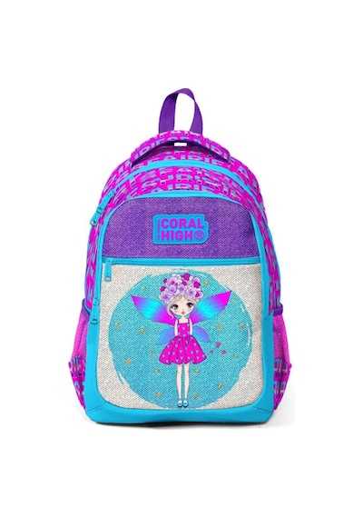 Coral High Kids Pembe Mavi Peri Desenli Simli Üç Bölmeli Okul Sırt Çantası 23484