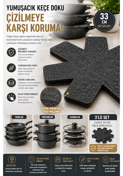 3'lü Antrasit Tava Çizdirmez Keçe Koruyucu 33 Cm Tava Tencere Ayırıcı Çizik Önleyici Organizer Set