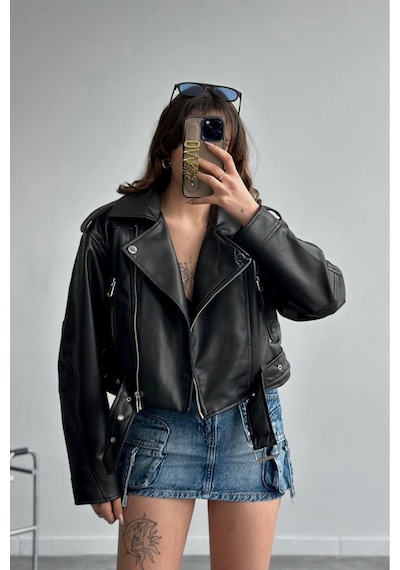 Yeni Sezon Oversize Kadın Siyah Biker Deri Ceket Siyah