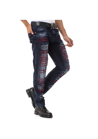 Cd694 Yırtık Detaylara Sahip Yazı İşlemeli Erkek Jean Pantolon Blue