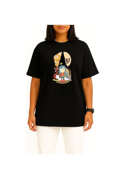 Bahriyeli Collection Oversize Hilda Ve Taş Orman, Çizgi Roman Göğüs Tasarımlı Unisex T-shirt Siyah