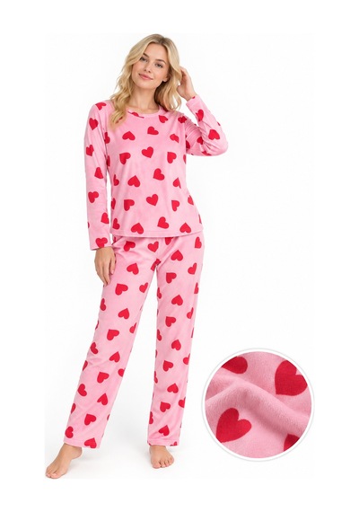 Sleeeproom Kadın Süet Mevsimlik Kalp Desen Pudra Pijama Takımı Kırmızı - Pembe