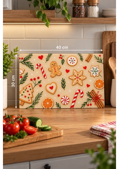 Gökçeoğlu Cam Kesme Tahtası Yılbaşı Temalı - Cam Kesme Tablası 30cm X 40cm Çok Renkli