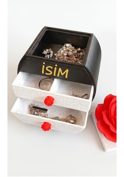 Kişiye Özel İsimli Mini Takı Kutusu - Gül Detaylı 3d Baskı Çekmeceli Mücevher Organizeri Çok Renkli