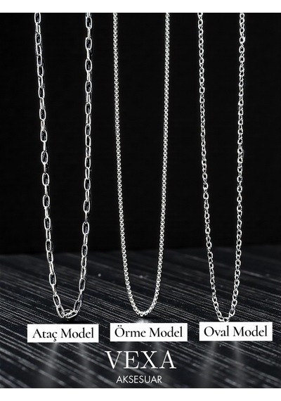 3 Lü Zincir Kolye Seti Ataç, Örme Ve Oval Model Özel Kutulu Hediyelik Set Gümüş
