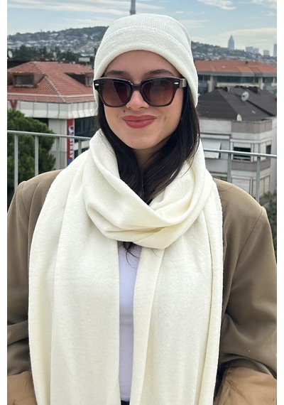 Mollycrush Kadın Kışlık Ekru Atkı Bere Seti Şık Örgü Set Ekru