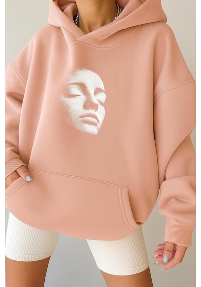 Benroma 3 İplik Penye Silüet Unisex Kapüşonlu Sweat Pembe