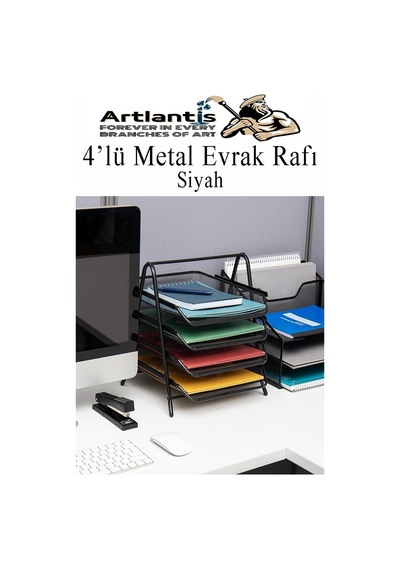 4 Lü Metal Evrak Rafı Siyah 1 Paket Masaüstü A4 Dosya Düzenleyici Kağıt Tepsisi Metal Çelik Fileli Dört Katlı Hareketli Siyah
