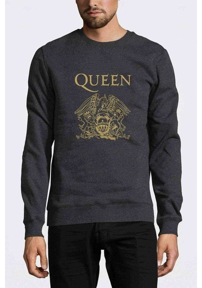 Queen Baskılı Füme Antrasit Erkek Örme Sweatshirt