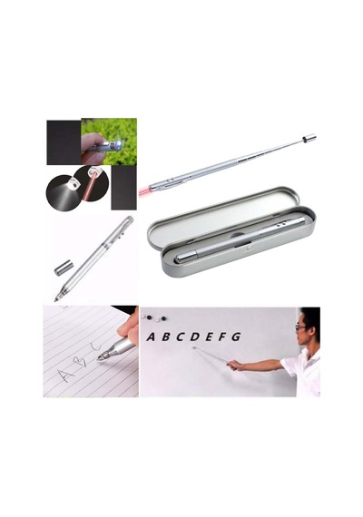 Metal Kutulu Kırmızı Lazerli, Led Işıklı Pointer Kalemi Rehber İşaretçi Uzayan Metal Tükenmez Kalem Gümüş