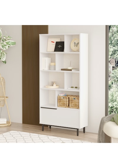 Yurudesign Ocean Kitaplık Raf Metal Ayaklı 176cm Kapaklı Beyaz On4-w