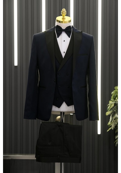 Slimfit Skinny Kesim Desenli Sivri Sabit Yaka Yelekli Papyonlu Smokin Takım Elbise 001