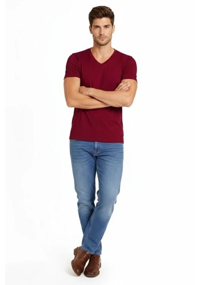 Modi Erkek T-shirt V Yaka Slim Fit Dar Kesim Likralı Tişört Günlük Basic Body - Bordo Açık Bordo