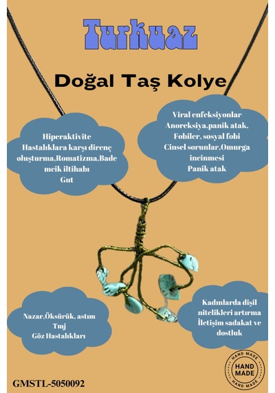 Sertifikalı Orijinal Doğal Taş Turkuaz Taşı El Yapımı Bakır Tel Sarma Kolye Çok REnkli