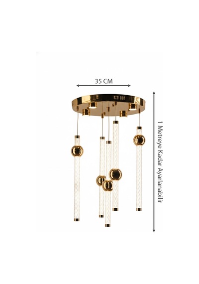 Lüks Gold Çemberli Seri 5li Çizgili Cam Silindir Modern Küre Detaylı Avize Eskitme1