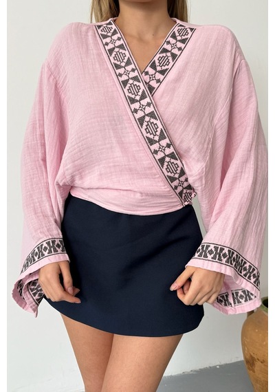 Giysa Kadın Bağlama Detaylı Nakışlı %100 Pamuklu Kimono Pembe - 26y 7014