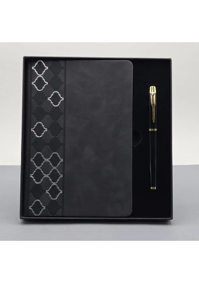 Lb Desenli Siyah Deri Defter Kalem Set