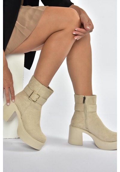 Fox Shoes V726446602 Bej Süet Kalın Topuklu Kadın Bot Bej-süet