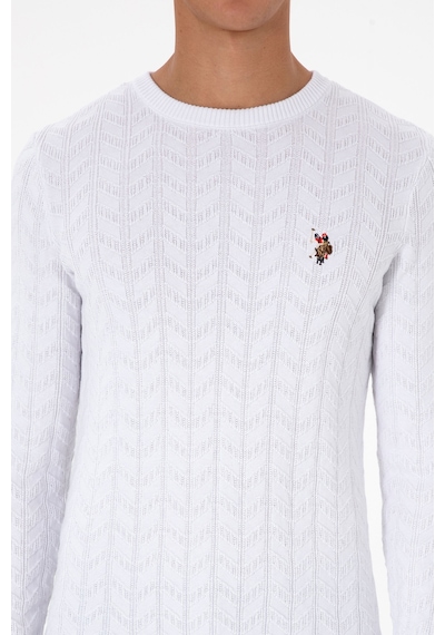 U.S. Polo Assn. Erkek Slim Fit Bisiklet Yaka Desenli Beyaz Kazak 50307836-VR013
