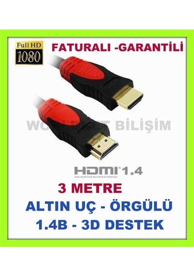 Hdmi To Hdmi Kablo 3 Metre Altin Uçlu Örgülü Hdmi Kablo
