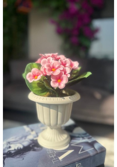 4lü Set Yapay Çiçek Krem Antik Saksıda Karışık Renk Kadife Menekşe Gerçekçi Doku 22cm