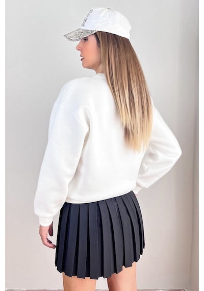 Kadın Cozy İçi Polarlı Ekru Basic Bisiklet Yaka Pamuklu Kalın Örme Sweatshirt Ekru