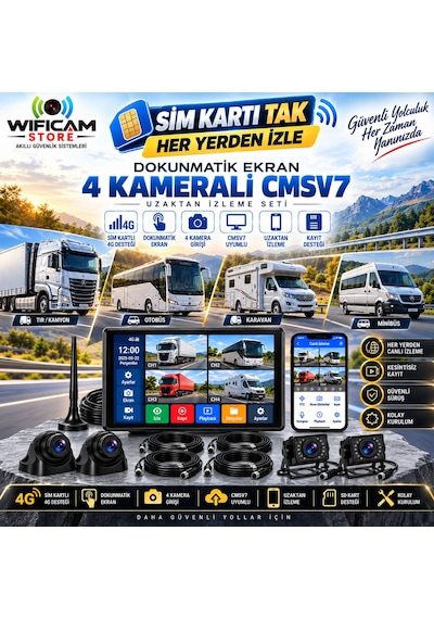 Sim Kart Destekli 4 Kameralı Araç Kamera Seti