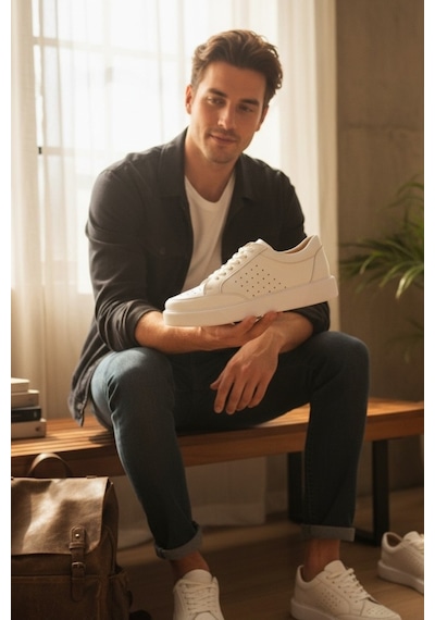 Enoch Hakiki Deri Yan Panel Havalandırma Detaylı Günlük Erkek Sneaker Comfort Taban Beyaz