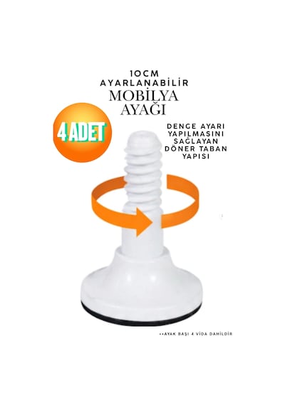 Yonca Beyaz Mobilya Ayağı 10 Cm - Ayarlanabilir Plastik Kanepe Sehpa Dolap Baza Tezgah Ayağı 4'lü Set Beyaz Beyaz