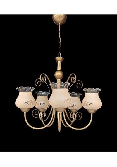 Beşli Fiskiyeli Avize Eskitme Statik Boyalı Metal Top Detaylı Somon Rengi Desenli Camlı